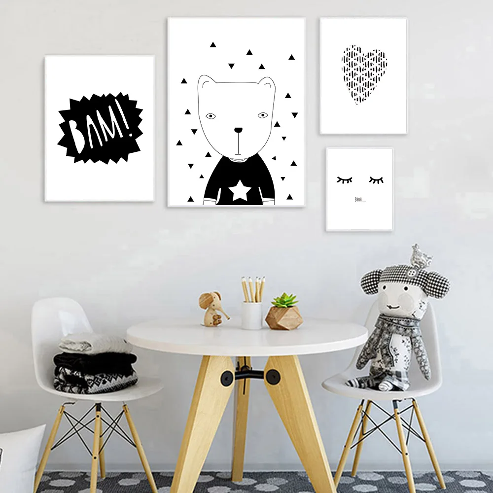 Cartoon Wall Art Canvas Painting Black White Poster Nursery Prints