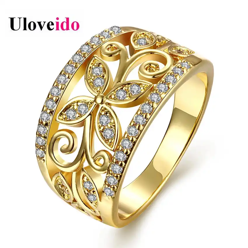 Uloveido Luxury Gold Color Wedding Engagement Ring Band Flower