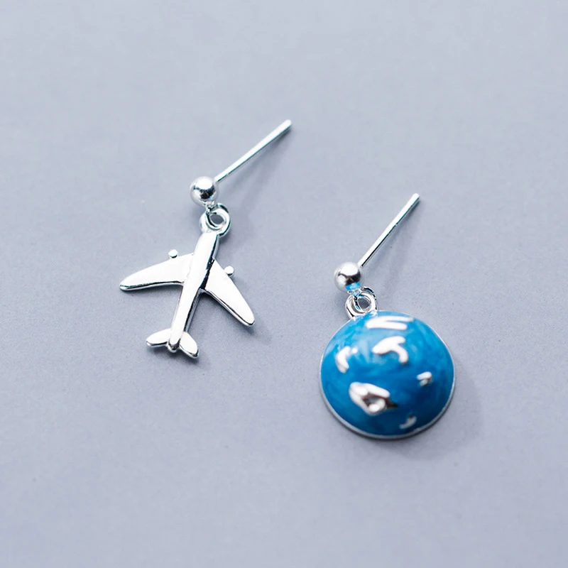 

MloveAcc Real 925 Sterling Bijoux Travel Dream Planet Earth and Plane Stud Earrings for Women Sterling Silver Jewelry S925 Stamp