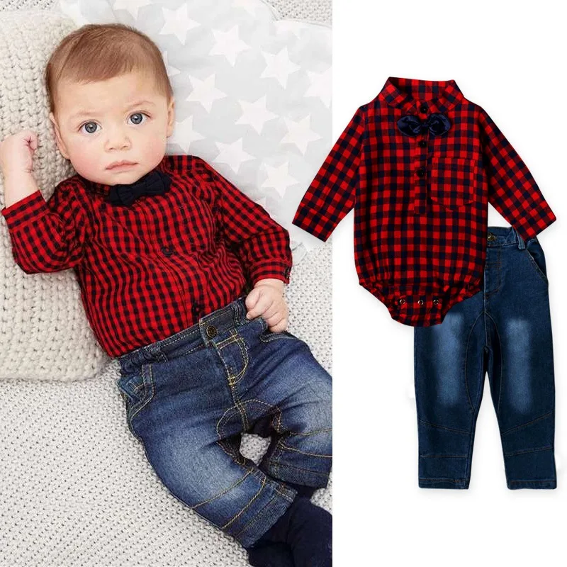 Baby Girls Boys Male Infants Kids Plaided Long Sleeve Shirt Bow Romper Tops Denim Jeans Long Pants 2pcs Clothing Set Suit Mt1055 Clothing Sets Baby Girls Boyskids Plaid Aliexpress