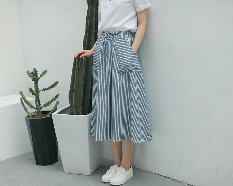 leather skirt Spring Summer Women Vertical stripes Skirts Casual Loose Cotton Linen Female With Pockets Vintage Elastic waist lacing Skirts tennis skirt outfits