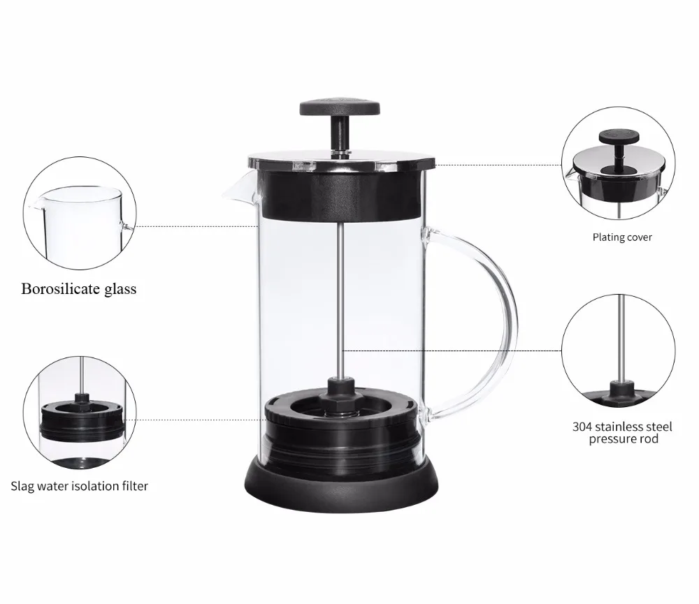 

Stainless Steel + Borosilicate 1000mL French Presses Coffee Pot Kettle Coffee Maker Coffee Plunger Tea Maker Filter Tea Pot