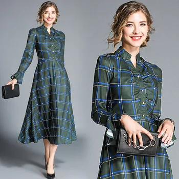 

2018 women Autumn Green plaid maxi dress female full sleeve Casual dress party dress