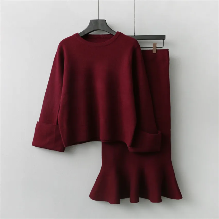 2018 Autumn Two Pieces Women Sweaters + Knitted Fishtail Skirt Long Sleeve knitted Sweater Basic Tops Pullovers Bottomings WZ593 | Женская