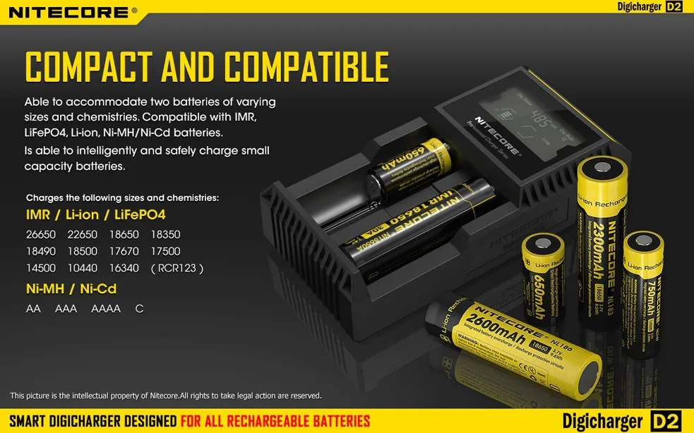 Nitecore D2 Digi Зарядное устройство Батарея Зарядное устройство ЖК-дисплей Дисплей Nitecore Зарядное устройство для 26650 18650 18350 16340 14500 10440