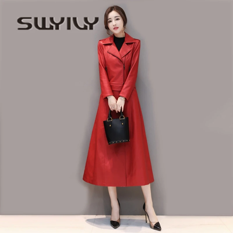SWYIVY Woman Leather Jacket Coat Long Short Detachable 2019 Autumn Winter Female Fashion Long Design Outwear Coat Slim 4XL Red