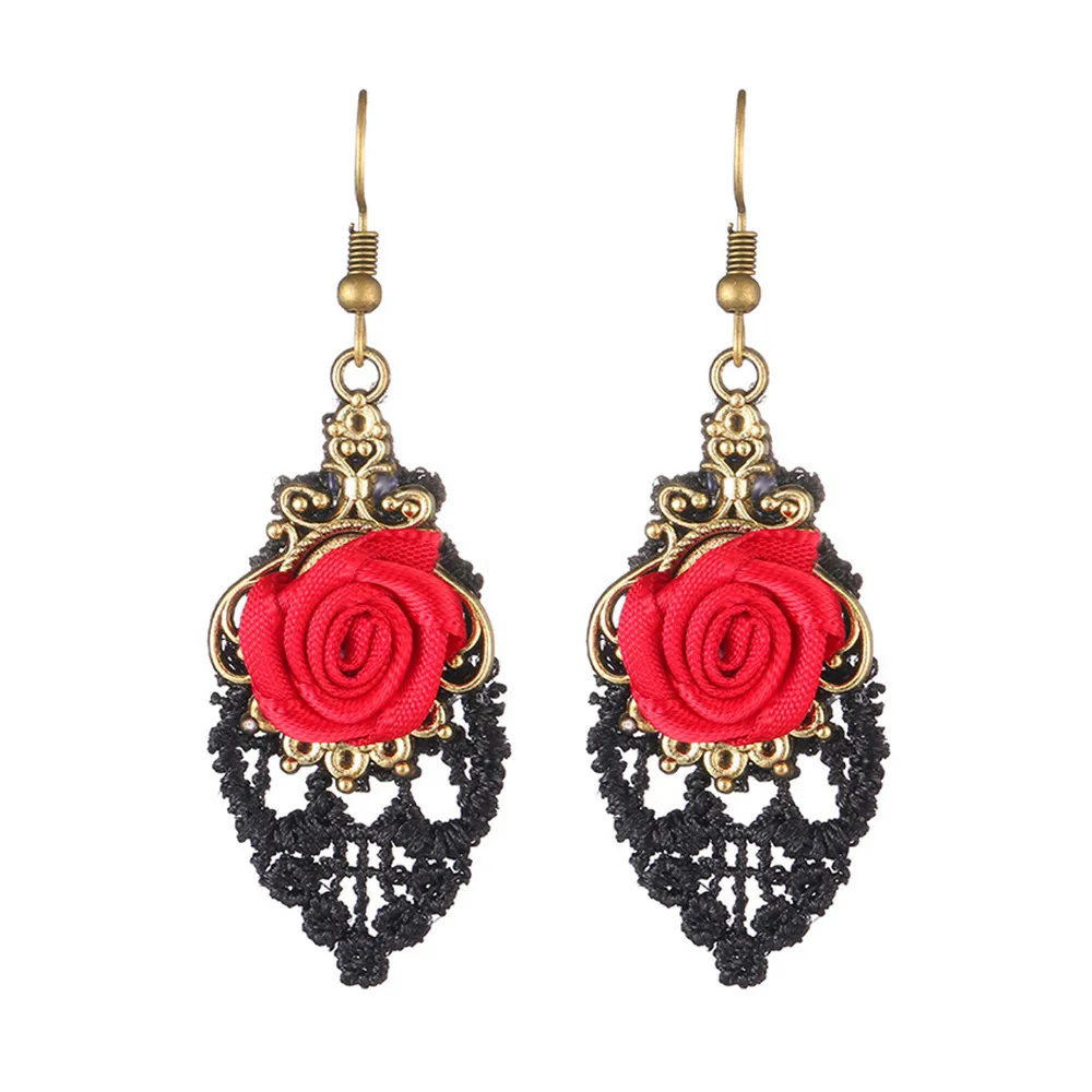 

Zerotime #H5 Handmade Lolita Red Flower Rose Black Drop Lace Dangle Gothic Alloy Earrings creative brinco Ohrring Free Shipping