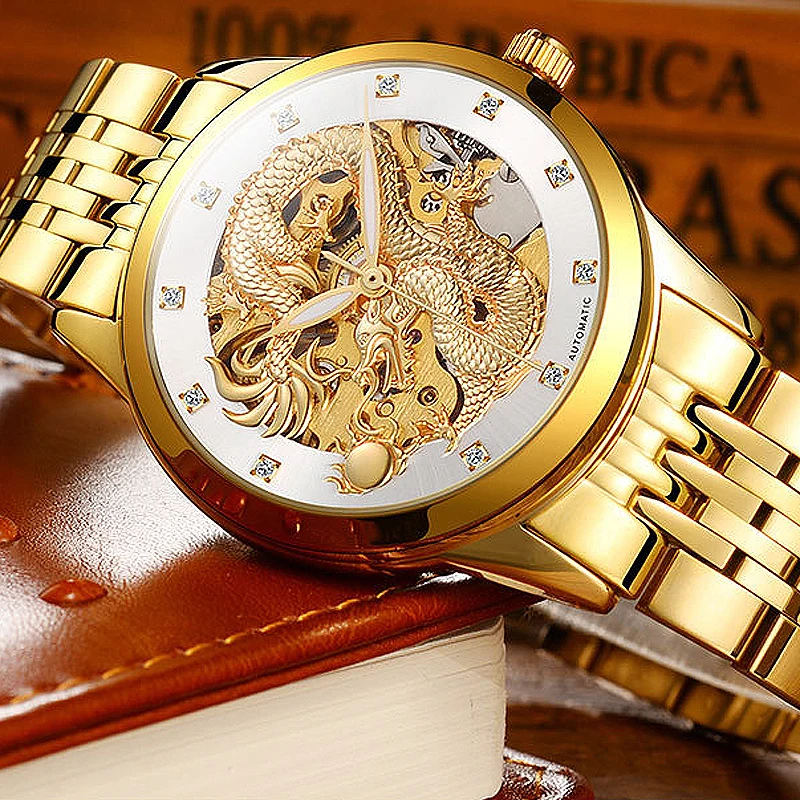Reloj Hombre Dragon Skeleton Automatic Mechanical Watches For Men Wrist Watch Steel Strap Gold Clock 50m Waterproof Male