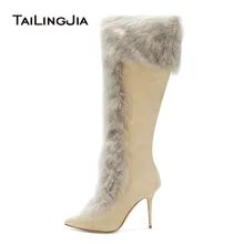 Women Tan Faux Suede High Heel Knee High Shearling Boots Pointy Toe Zipper Long Boots Beige Stilettos Ladies Winter Shoes 2018 women suede comfort thick heel knee high boots fashion zipper boots fall winter round toe 2018 shoes black brown dark gray