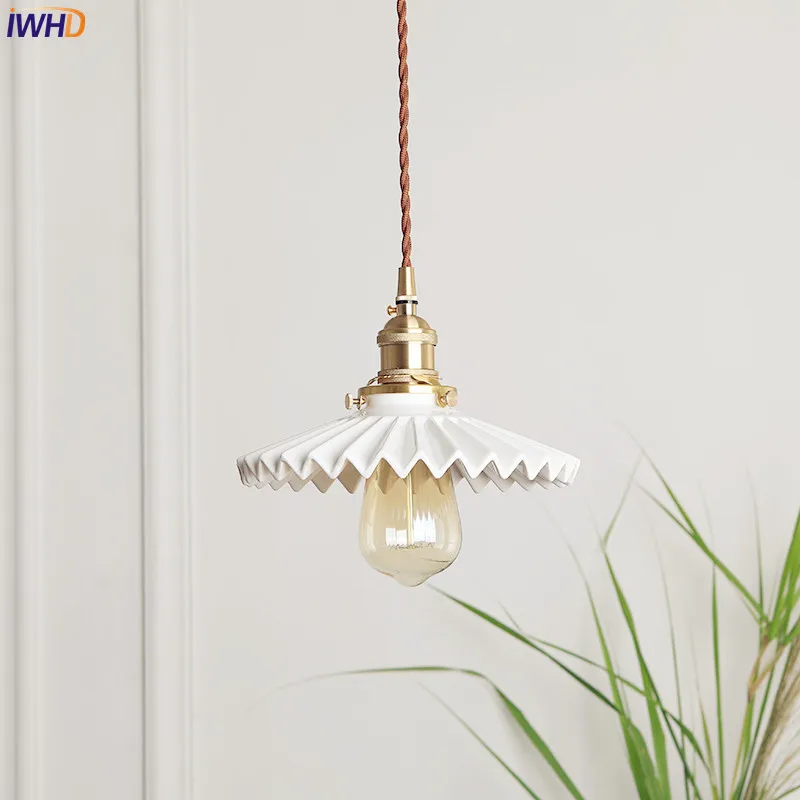 

IWHD Japanese Nordic Copper Pendant Light Fixtures Dinning Living Room Vintage ceramics Shade Hanging Lights Home Lighting