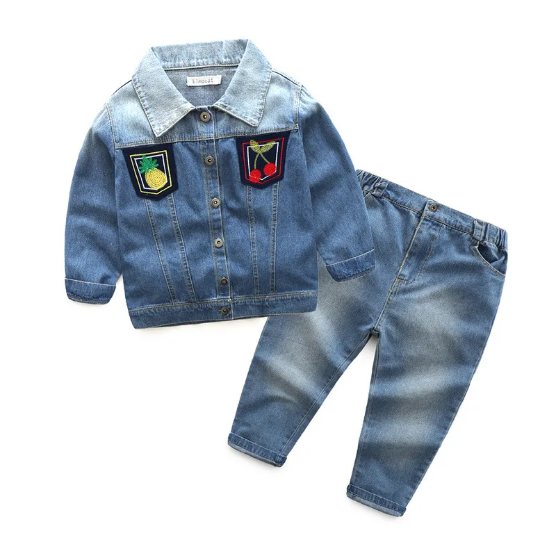 

2019 Spring autumn new children's suits boys and girls fruit embroidery casual denim blouse jeans set pineapple cherry 18N1126