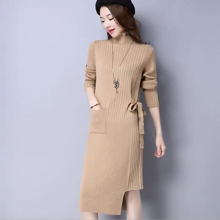 

2017 Midi Dress Knit Fitness Mujer Ropa Simple Solid Burgundy Stand Neck Longsleeves Autumn Winter Thick Asymmetric New Hot RL15