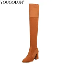 Женские сапоги из флока до бедра; Новинка; сезон осень-зима; обувь на высоком каблуке; модные пикантные Женские Сапоги выше колена; цвет черный, желтый, красный; A290