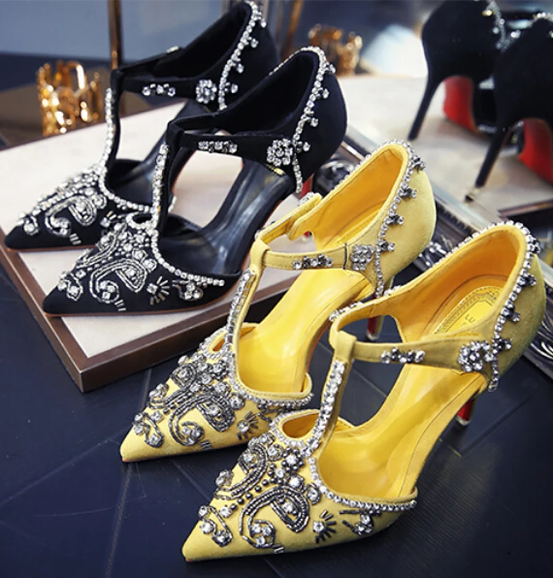 

sexy red bottom high heels luxury rhinestone pointed toe women T-type high-heeled shoes female bridesmaid wedding shoes 7.5/10cm