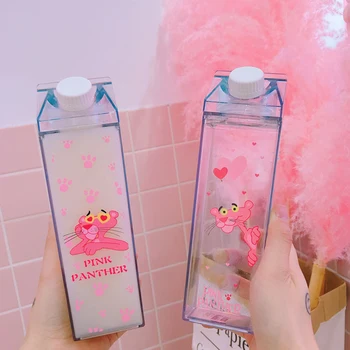 

Plastic Unique Water Storage Bottles Milk Box Shape Transparent Cute Cartoon Pink Panther Storage Beer Drink Bottle Organizer