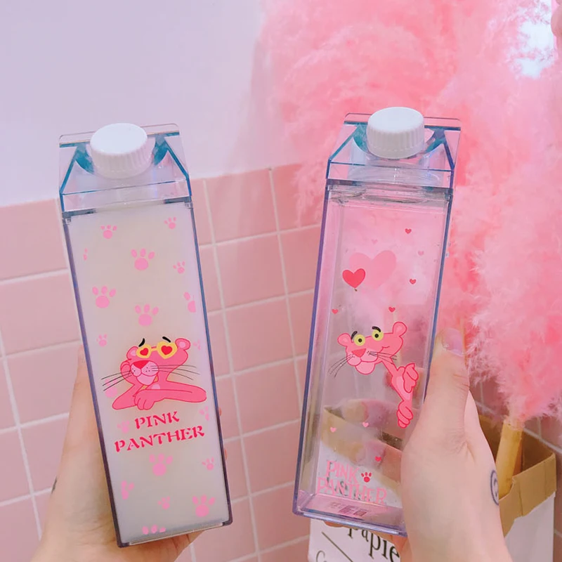 Forma de Caixa de Leite Garrafas de Armazenamento de Água Água de Plástico Garrafa de Cerveja Organizador de Armazenamento Bonito dos Desenhos Única de Plástico Transparente Bebida Animados Pink Panther