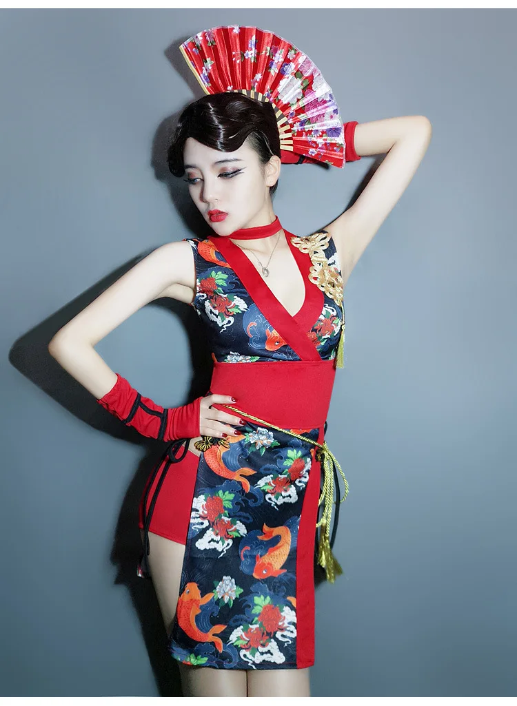 Новая мода ночной клуб бар DJ певица красные пикантные Cheongsam в винтажном стиле Карп дизайн Косплэй Женский печати джаз танцевальные костюмы