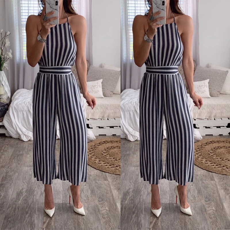 

2019 Summer New Sexy Halter Hanging Neck Sleeveless Striped Jumpsuit Female Jumpsuits For Women 2019 G0604