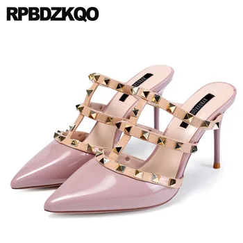 

Slippers Stiletto Pointed Mules Closed Toe Slides Sandals Women Purple T Strap Pumps High Heels Stud Shoes Gladiator Rivet