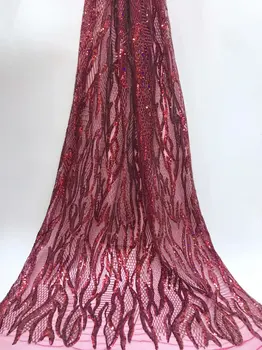 

Wine Red Sequins African lace fabric 2019 new arrive Africa Gold Line embroidery lace lace wedding dress/network fabric