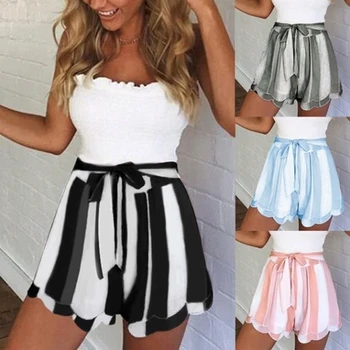 

Fashion Women Lotus Leaf Edge Striped Shorts Casual High Waist Belted Drawstring Loose Short Feminino