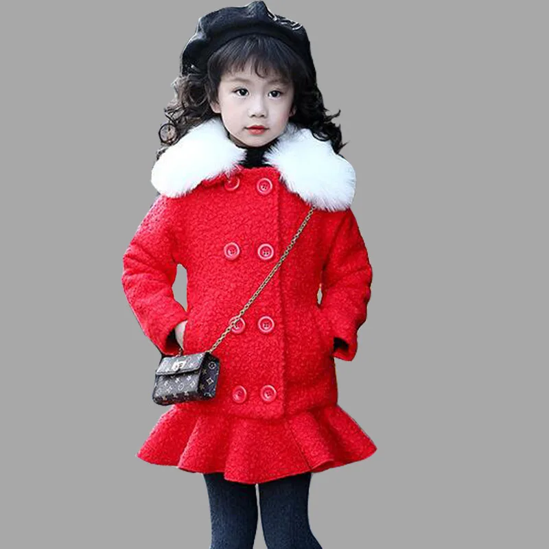 

Girl's woollen outerwear with cotton thickening baby's coat long lovely princess woollen collar red child coat winter clothing