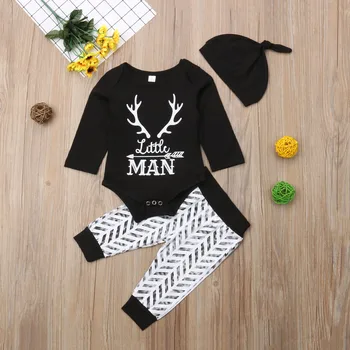 

3Pcs Newborn Baby Boy Clothing Set Long Sleeve Little Man Romper Pants Trousers Hat Outfit Christmas Baby Boy Clothes DNOV