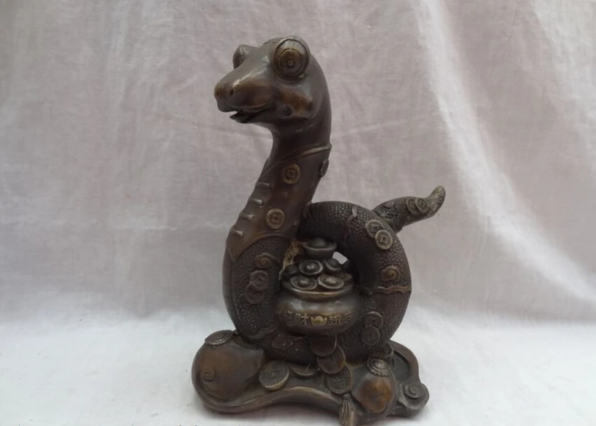 

song voge gem S2988 8" Folk Chinese Year Zodiac Bronze YuanBao Coin Cornucopia Snake On RuYi Statue