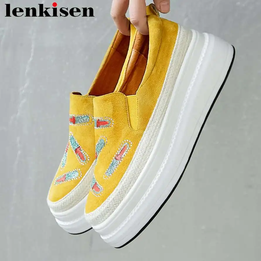 

2019 hand-sewn leather genuine leather round toe thick med bottom platform slip on loafers pretty girls vulcanized shoes L18