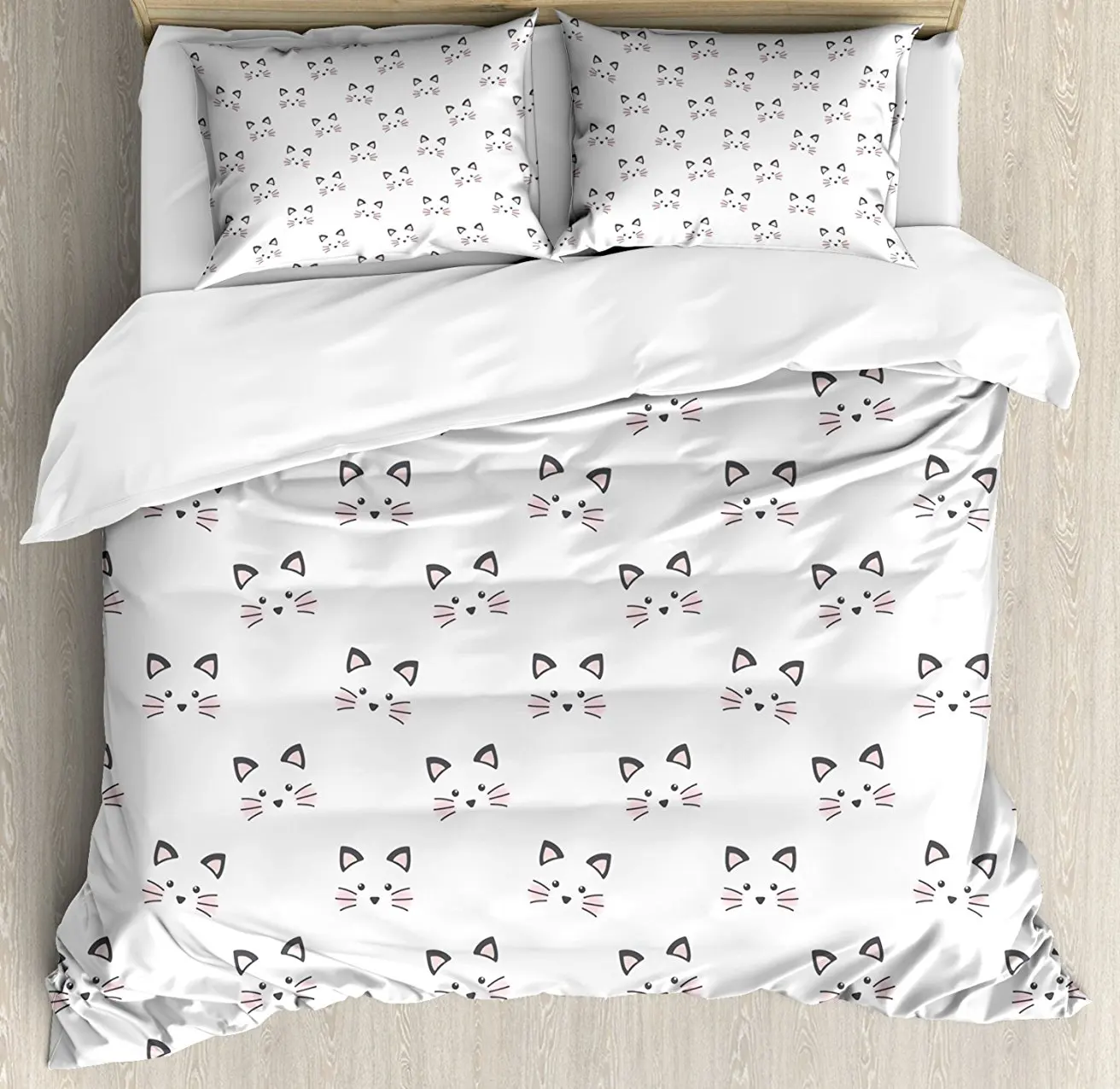 

Kitten Duvet Cover Set Sketching of a Blushing Cat Face Features Cartoon Style Hand Drawn Cat Whiskers, 4 Piece Bedding Set