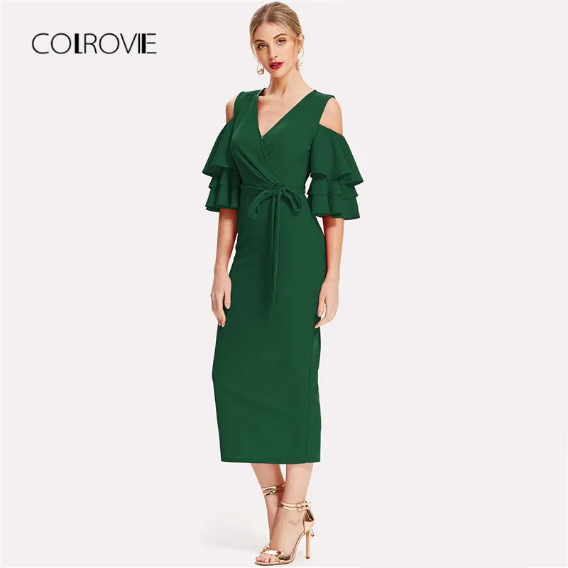 COLROVIE Green Cold Shoulder Ruffle Sleeve Belted V Neck Split Party Dress Women 2018 Autumn Solid Sexy Midi Bodycon Dresses Dresses