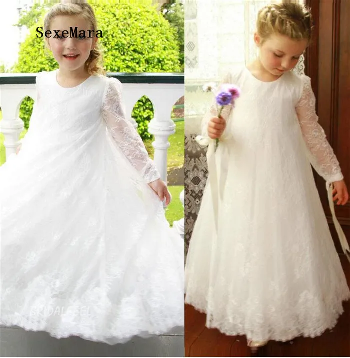 Charming Flower Girl Dress Ivory White Lace Ankle Length Long Sleeves A-Line O-Neck Girls Birthday Party Dress Size 2-16Y mock neck a line lace trim dress
