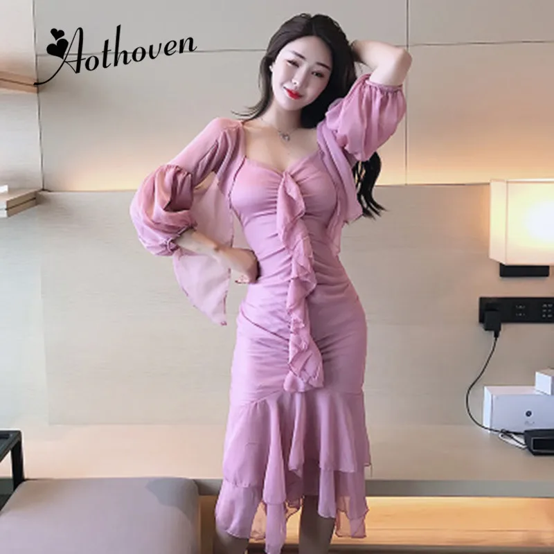 2 قطعة مجموعة النساء دعوى 2019 الصيف الوردي ثلاثة أرباع كم معطف و الكشكشة السباغيتي حزام مثير حزب اللباس عطلة Vestidos