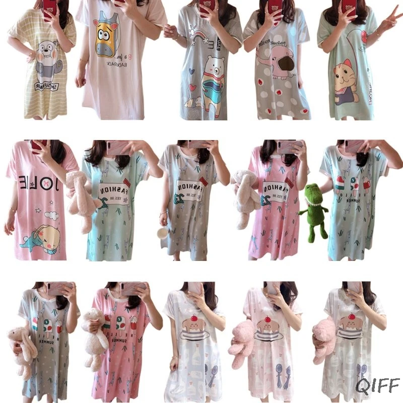 

Womens Short Sleeves Knee Length Nightdress Student Cute Cartoon Bear Rabbit Animal Printed Sleepwear Oversized Loose Loungewear