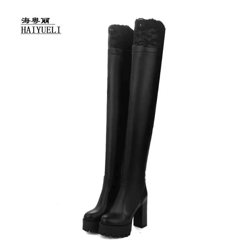 

The New Fashion Sexy Autumn Winter Boots Thick Heel Bud Silk Patchwork Platform Shoes Knee-high Boots