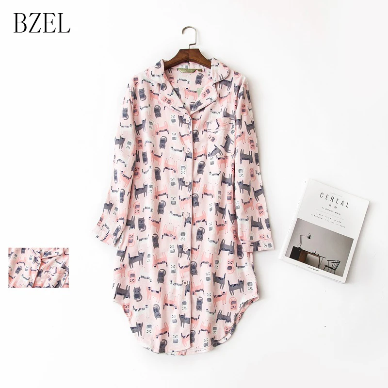 

BZEL Cotton Nightgowns Women Pink Cat Nightdress Polka Dot Sleepwear Turn-down Collar Casual Nightwear Long Sleeve Sleepshirts