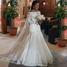 Veu De Noiva White Wedding Dress Mermaid Boat Neck Lace Appliques Long Sleeves 2019 Long Simple Wedding Dress YN0227 long sleeves boat neck bodycon womens dress