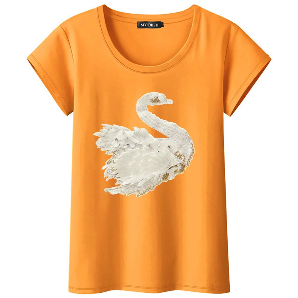 Новинка, модная Милая футболка с вышивкой лебедя, женская брендовая футболка, Повседневная Свободная футболка с коротким рукавом и круглым вырезом, женские топы с изображением лебедя - Цвет: O-Orange-White