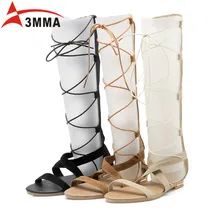 3mma Brand 2016 Sexy Summer Thigh High Gladiator Sandals Open Toe Flat With Boots Leather Black