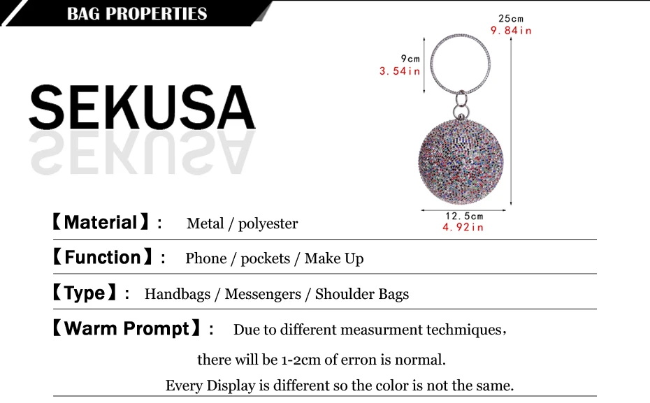 SEKUSA, топ, Женский вечерний клатч, кошелек, бриллианты, цветные, для девушек, круглая цепочка, на плечо, свадебные сумочки, сумочка с кристаллами