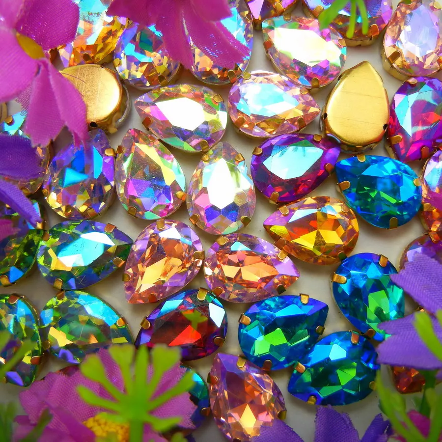 AB цвета 7 размеров золотой коготь настройки водослива стеклянный кристалл в форме слезы пришить Стразы Бисер для одежды аппликация diy отделка