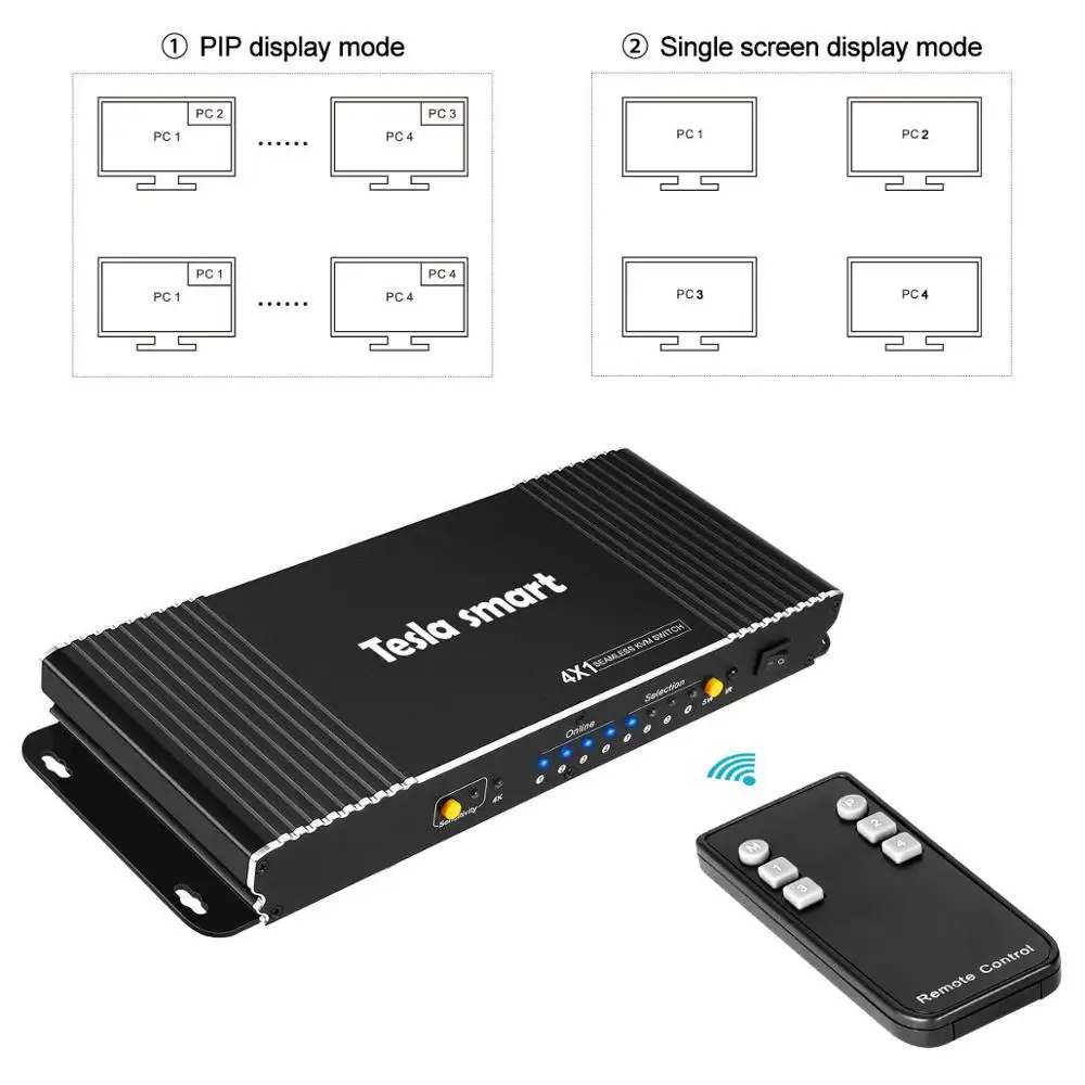 

Tesla Smart Seamless KVM Switch 4 Ports HDMI KVM USB2.0 Switcher 4K@30Hz w/PIP IR Remote Unix/Windows/Debian /Ubuntu /Fedora