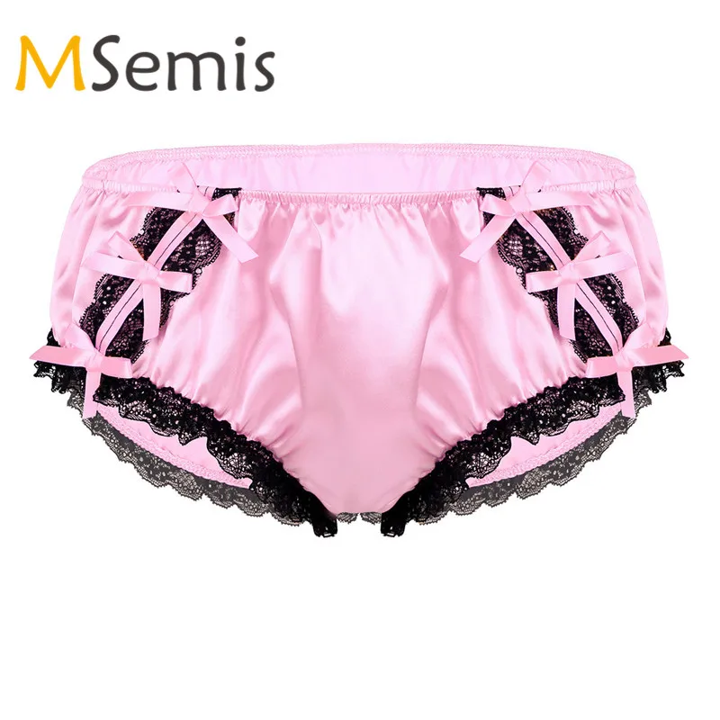 

Mens Sissy Lingerie Sissy Panties Men Bikini Thongs Gay Underwear Shiny Soft Ruffled Floral Lace Sissy Satin Low Rise Briefs