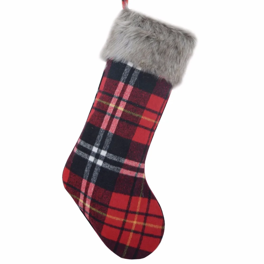 

Free Shipping Red with Black Plaid with Faux Fur Cuff Buffalo Check Christmas Stocking Christmas tree Decoration