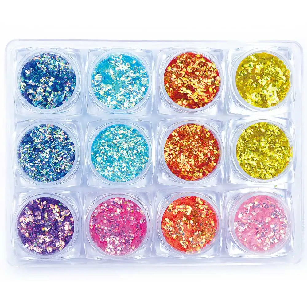 

1 Box 12 Color Glitter 3D Ultrathin Sequins With 4 Design Hexagon Moon Rhombus Butterfly For Nail Art Studs Manicure Accessory
