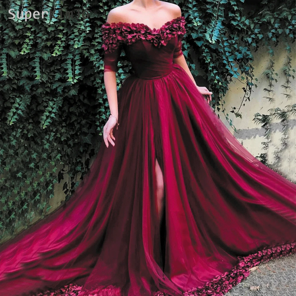 

SuperKimJo Vestido Formatura Off the Shoulder Burgundy Prom Dresses 2019 Elegant 3D Flowers V Neck Prom Gown