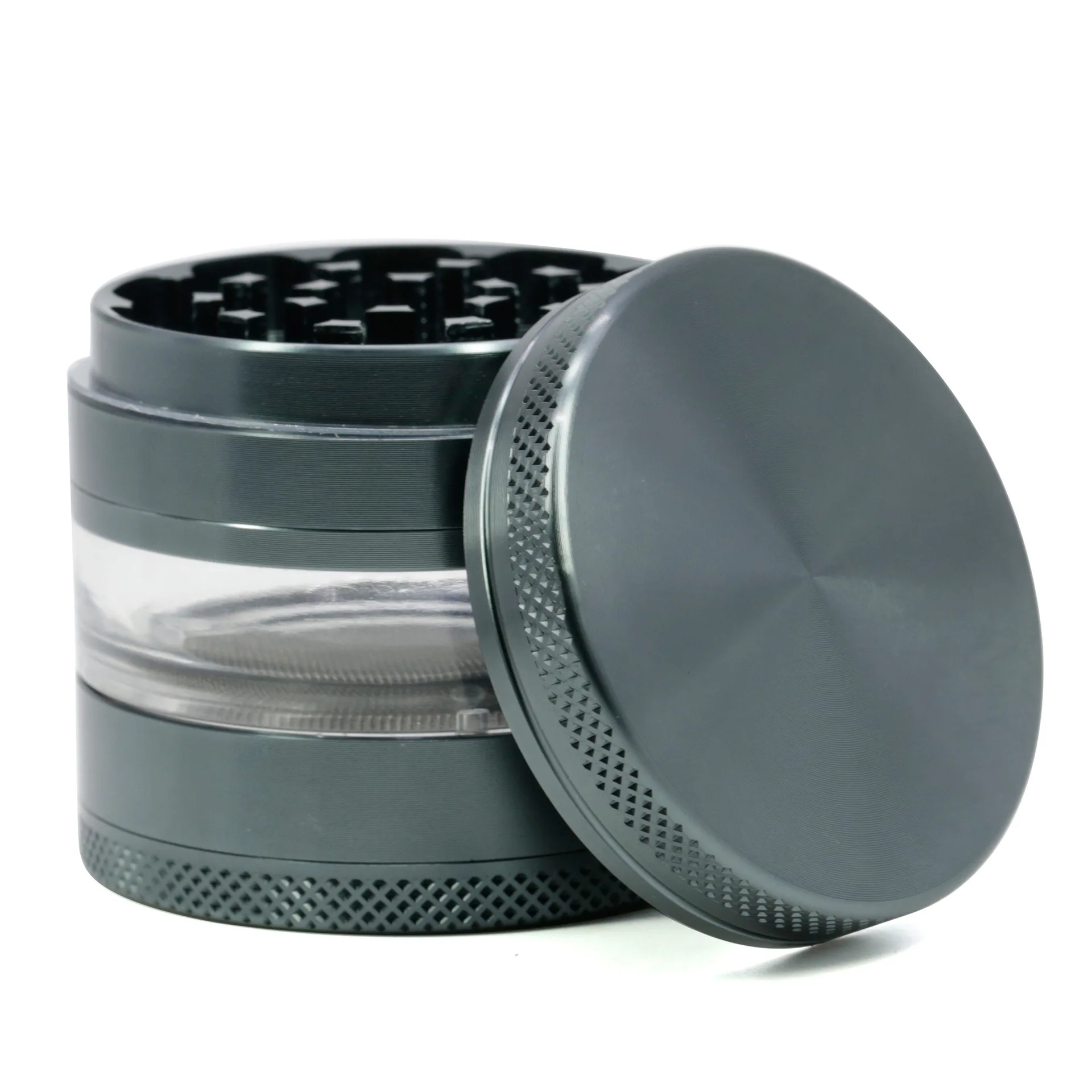 

New 4-layer Gray 63MM Diameter Aluminum Third-layer Transparent Grinder Mill Smoke Spice Crusher Maker Wholesale MOQ 300PCS