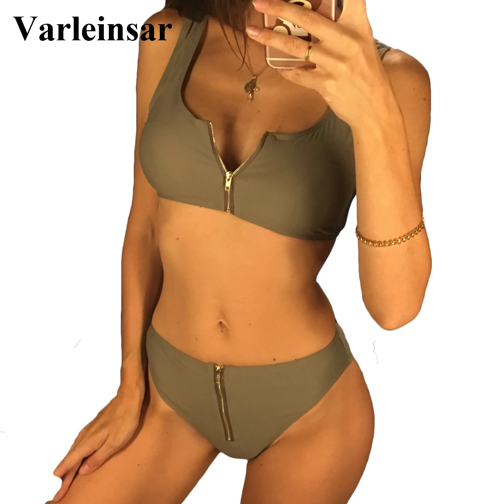 

6 Colors Female Swimsuit High Waist Bikini 2019 Women Swimwear Two-pieces Bikini set Zipper Bather Bathing Suit Swim Lady V765