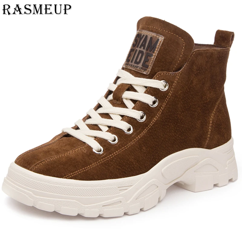 

RASMEUP Genuine Leather Women's Winter Boots Plush Warm Women Platform Sneakers 2018 Fashion Combat Boots Woman Martin Shoes