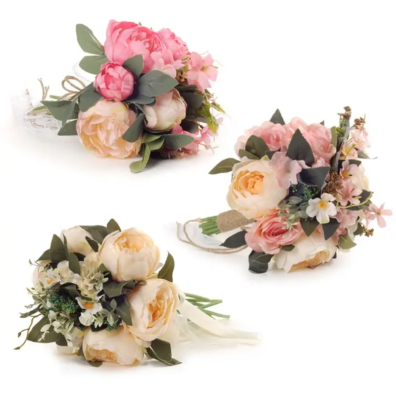 

Rustic Style Linen Rope Braided Bridal Bridesmaid Wedding Holding Bouquet Artificial Colorful Flower Lace Ribbon Party Decor